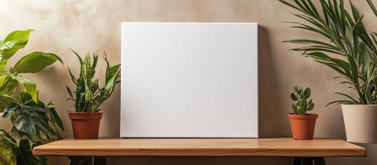 Aufkleber - Modern living room canvas mockup on wooden table with potted plants and blank space for creative text or design placement