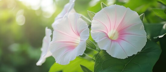 Aufkleber - Delicate white and pink morning glory flowers with soft sunlight creating a serene natural background