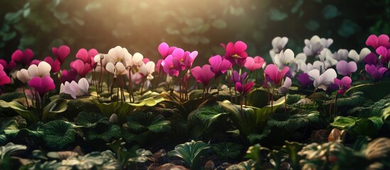 Poster - Vibrant display of assorted cyclamen flowers in a lush green setting illuminated by soft sunlight