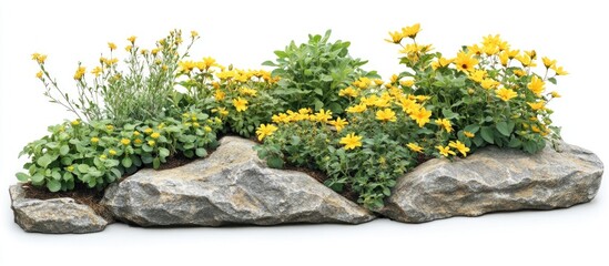 Poster - Rock formation adorned with vibrant yellow flowers and greenery for garden design isolated on white background enhancing landscape aesthetics