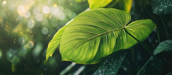 Wall Mural - close-up of lush green leaf texture with natural background featuring abstract lines and vintage ton