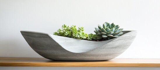 Aufkleber - Modern geometric concrete planter with green succulents on wooden shelf against white background showcasing minimalist home decor inspiration.