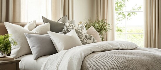 Poster - Cozy bedroom interior featuring an array of decorative cushions on a neatly made bed with soft lighting and a serene view through the window.