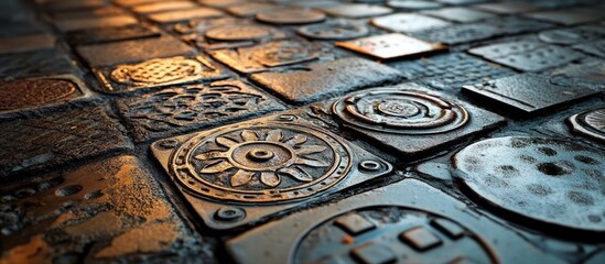 Poster - Textured concrete surfaces featuring intricate manhole covers and industrial designs illuminated by soft lighting.