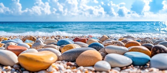 Leinwandbilder - Vibrant colorful pebbles on a sandy beach with clear blue sea and sky in Crete Greece during a sunny day
