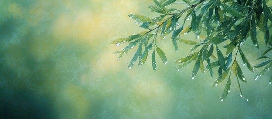 Wall Mural - dew drops on green leaves with blurred background representing nature's beauty for environmental awa