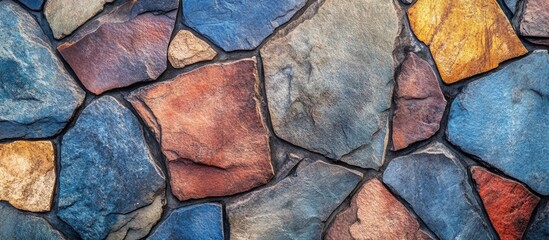 Fototapete - Abstract close-up of irregularly shaped multi-colored stone pavers creating a visually striking textured surface ideal for background use.