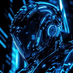Wall Mural - Robot with glowing blue lights and zen papaya in cyberpunk aesthetic on black background