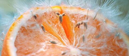 Poster - Macro shot of an orange cross-section surrounded by dandelion flowers creating a unique texture and background for artistic compositions