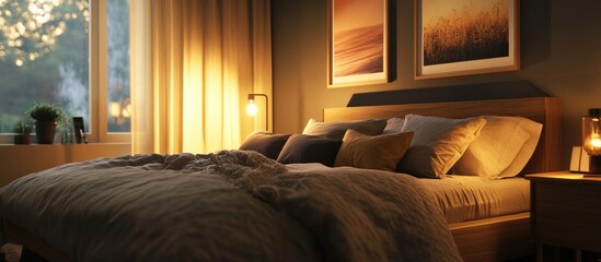 Poster - Cozy bedroom featuring a comfortable bed adorned with soft pillows and warm lighting for a serene atmosphere