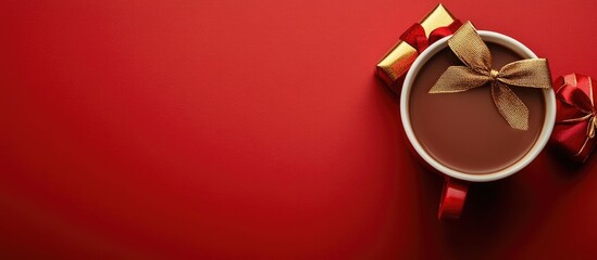 Aufkleber - Cozy Christmas scene with warm cocoa in a cup and beautifully wrapped gifts on a vibrant red background ideal for holiday promotions and advertisements.