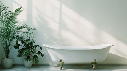Poster - Luxury minimalist bathroom with freestanding bathtub and indoor plants in bright sunlight creating a serene and inviting atmosphere