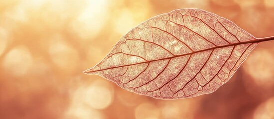 Wall Mural - Translucent dry leaf showcasing intricate vein patterns illuminated by warm natural light, symbolizing fragility and beauty of nature.
