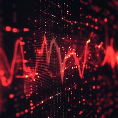 Wall Mural - Red and black digital waveforms pulsing in a dark background with neon light effects and zen papaya design