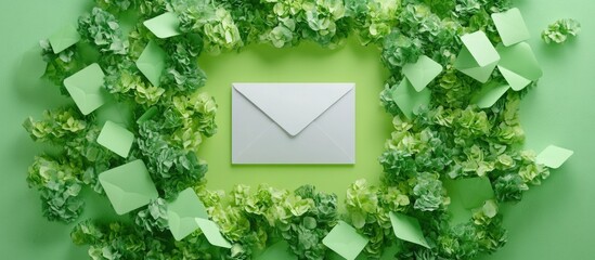 Poster - Green and white envelope composition with decorative foliage on a vibrant green background for creative messaging and correspondence themes.