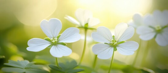 Poster - Delicate white wildflowers blooming in soft sunlight with blurred green background and a dreamy atmosphere