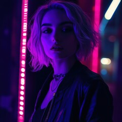Wall Mural - Woman with blonde hair and neon violet papaya in a deep black cyberpunk aesthetic setting