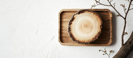 Aufkleber - Natural wood slice on a wooden tray with a white background showcasing rustic decor and organic aesthetics for home styling and crafts.