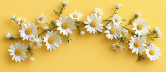 Aufkleber - Charming arrangement of vibrant chamomile flowers on a cheerful yellow background with ample copy space for text or design elements.