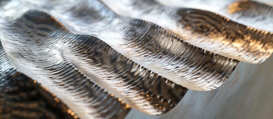 Poster - Detailed texture of a close-up view of a cut corrugated metal sheet showcasing its unique patterns and reflective surfaces.