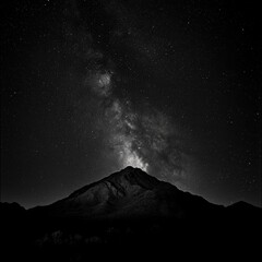 mountain landscape under starry night sky with visible stars and deep black background