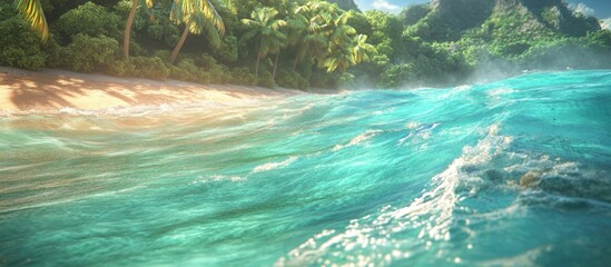 Leinwandbilder - Tropical beach with crystal clear turquoise water and lush greenery in a serene coastal paradise setting