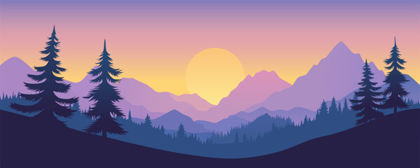 sunrise in the mountains vector landscape illustration. beautiful mountain landscape with forest sil