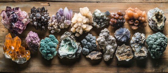 Aufkleber - Assorted minerals and gemstones displayed on rustic wooden table showcasing natural textures and colors for decorative purposes.
