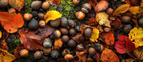 Poster - Vibrant assortment of acorns surrounded by colorful autumn leaves showcasing the beauty of fall nature on a peaceful outdoor walk