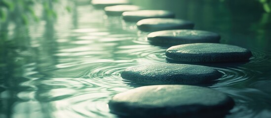 Poster - Tranquil stone pathway over crystal clear water surface in serene natural setting with gentle ripples and lush greenery accents.