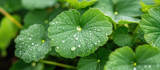 Wall Mural - fresh green leaves adorned with dewdrops glistening in the morning light showcasing nature's beauty 
