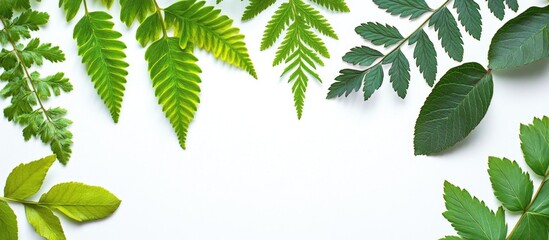 Aufkleber - Green foliage collage featuring fern and rowan leaves arranged on a clean white background for nature-themed designs and projects.