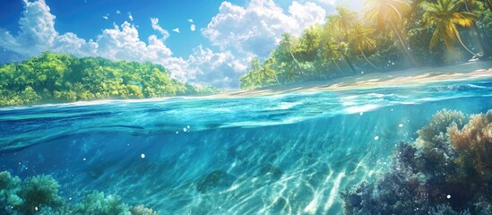 Aufkleber - Tropical sea with crystal clear water under a bright sky and lush greenery in the background for travel and nature themes.