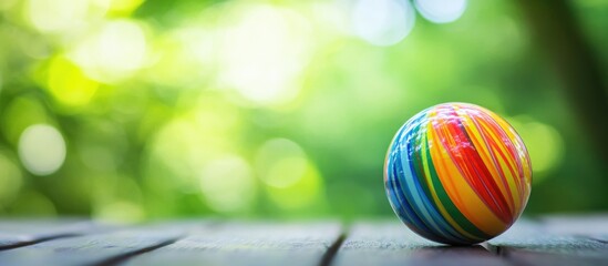 Aufkleber - Vibrant multicolored ball on wooden surface with blurred green background creating a playful and cheerful atmosphere.
