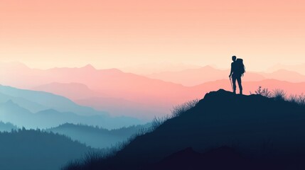 Aufkleber - Silhouette of a hiker stands on a mountain ridge at sunset overlooking vast landscapes. Generative AI