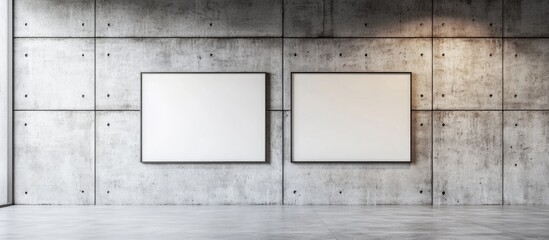 Aufkleber - Modern Concrete Wall with Two Framed Posters and Blank Area for Custom Text or Artwork Display in a Spacious Living Room Setting