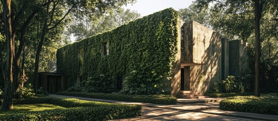 Aufkleber - Concrete block structure enveloped in lush ivy surrounded by greenery showcasing nature's reclaiming of urban architecture