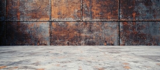 Poster - Weathered concrete floor with textured rusty steel backdrop, showcasing industrial aesthetic and vintage elements for design use.