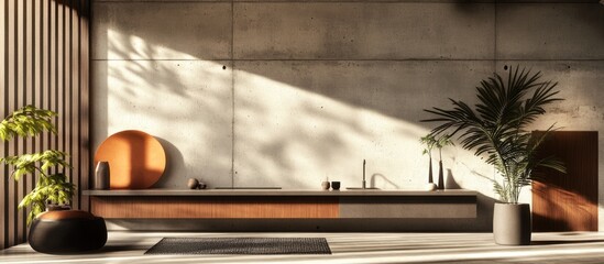 Poster - Modern minimalist interior design with concrete wall and wooden accents in a stylish and airy living space.