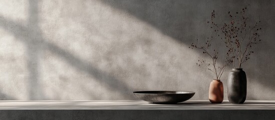 Poster - Modern concrete backdrop with soft lighting for stylish food and product photography showcasing elegant vases and minimalistic tableware.