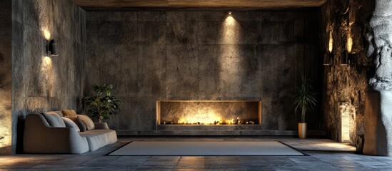 Poster - Cozy modern living room interior featuring minimalist design and warm fireplace ambiance suitable for relaxation and comfort