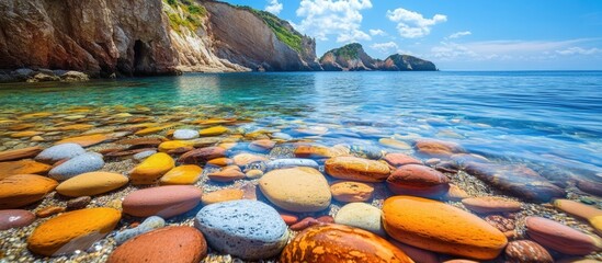Poster - Vibrant multicolored pebbles along a tranquil seaside shore under a bright blue sky with serene water reflections.