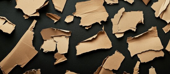 Fototapete - Collection of torn cardboard pieces on a black background creating a textured surface for creative design and artistic projects