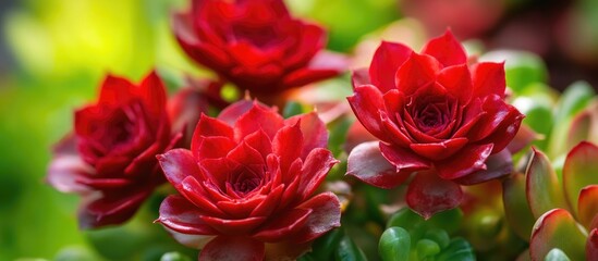 Wall Mural - vibrant red succulent flowers in full bloom against a lush green backdrop showcasing natural beauty 