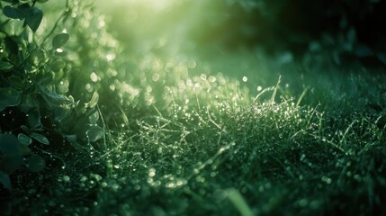 Wall Mural - Dewy green grass glistening in sunlight with soft bokeh background offering ample space for text or graphic design elements