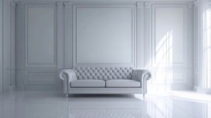 Fototapete - Stylish Silver Living Room with Modern Couch and Empty Wall Space for Creative Text or Design Elements
