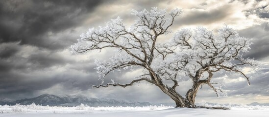 Wall Mural - Snow-covered dry tree branches against a dramatic cloudy sky in a serene winter landscape with distant mountains in the background.