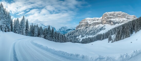 Poster - Curved snowy road winding through a picturesque winter landscape surrounded by serene forests and majestic mountains ideal for text placement