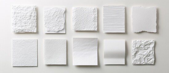 Poster - Variety of textured white papers arranged on a white background showcasing different designs and surfaces in a clean composition.