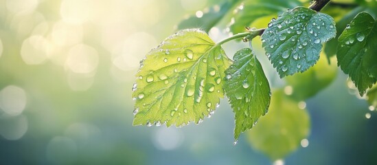 Wall Mural - fresh green leaves with water droplets glistening in soft sunlight during early summer against a blu